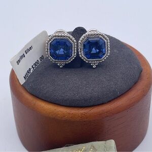 Judith Ripka Sterling Silver Earrings w/ Solid 18K Gold Posts Lab Blue Spinel
